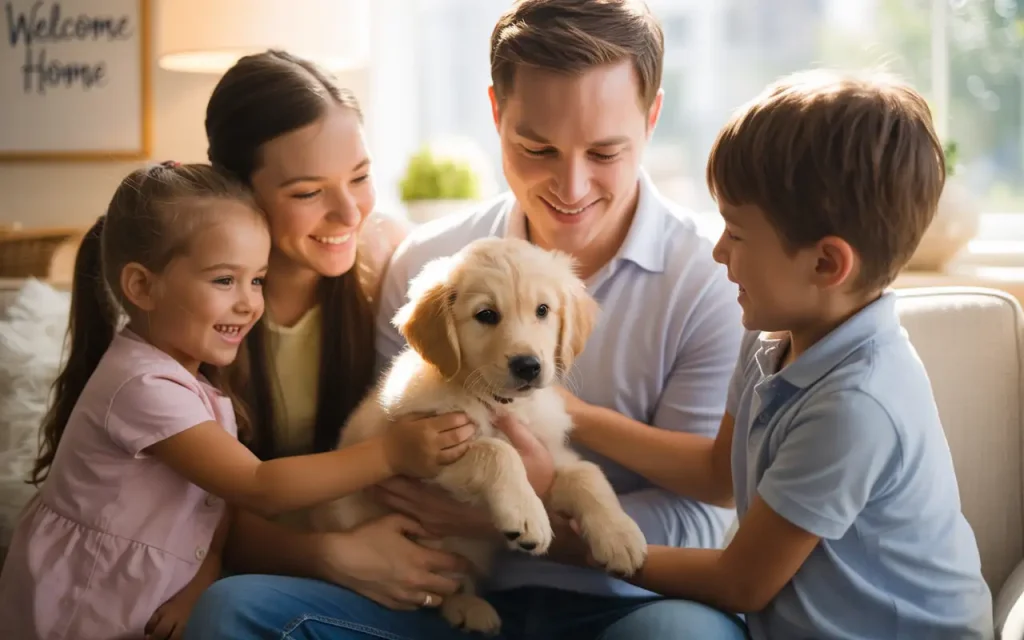 family holding new pupyy